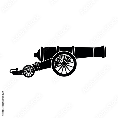 Black Silhouette of a Vintage Cannon on White Background.