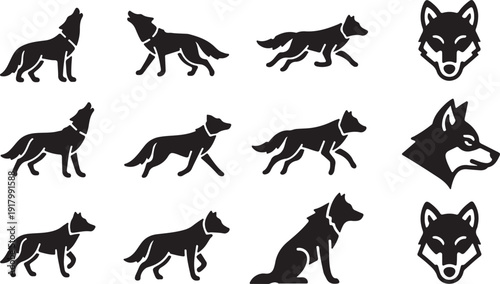 Wolf Silhouette SetHowling, Walking and Wolf Head Logo Icons.