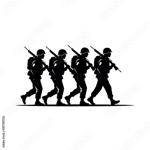 Silhouette of soldiers marching in a line carrying rifles and backpacks depicting military service and unity.