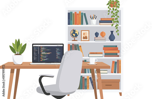 Vector illustration of a modern home office workspace with desk, chair, computer, bookshelf and plants, isolated on transparent background
