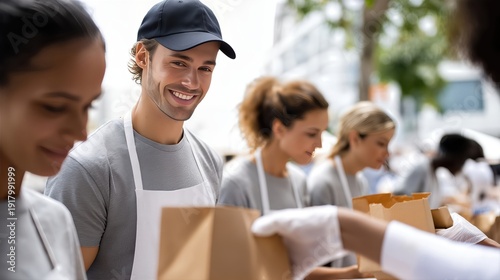 Smiling young man volunteering at food distribution event with others  