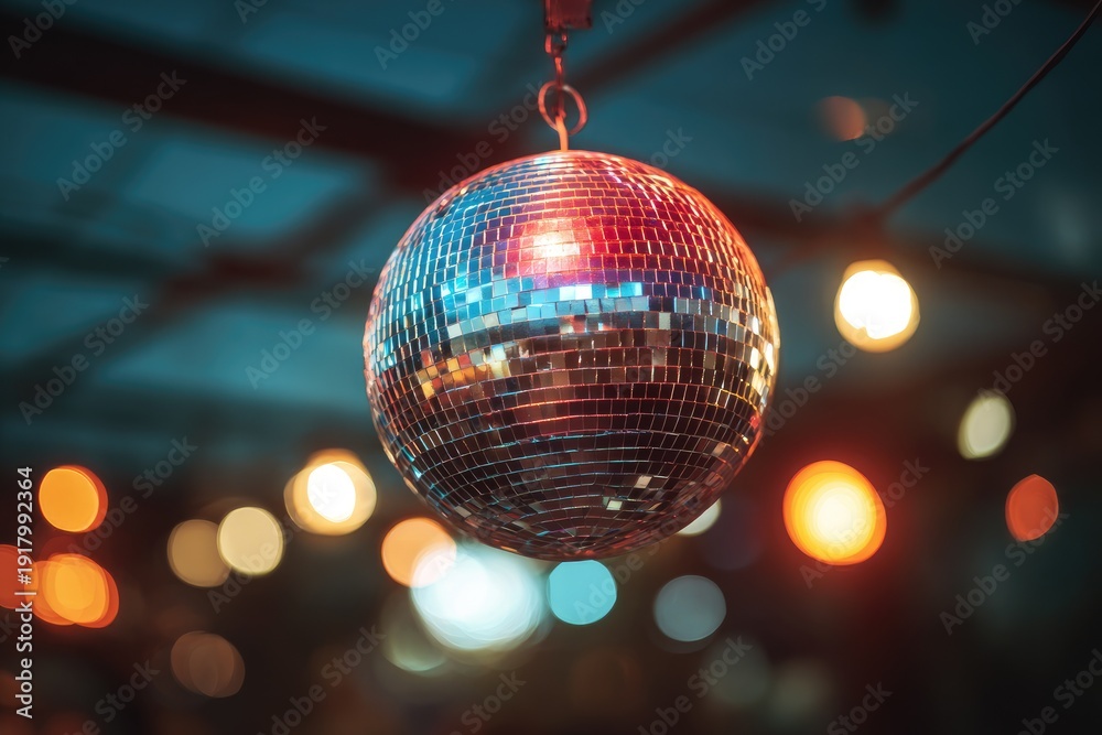 Fototapeta premium Close-up of a glittering ball suspended with colorful bokeh from hanging lights