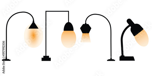 Four different black arched desk lamps with warm light bulbs