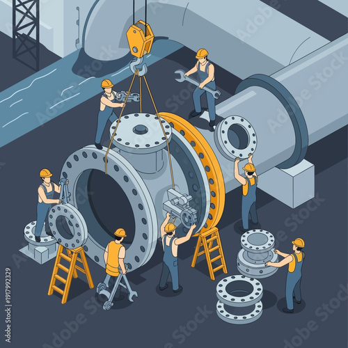 Industrial workers assembling large machinery parts in a factory setting.