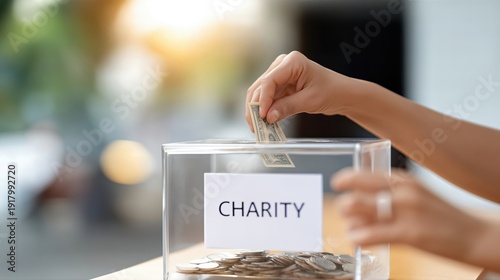 Hand placing cash donation into charity box outdoors  