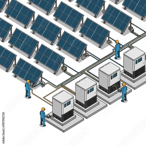 Solar Power Plant with Workers Maintaining Equipment.