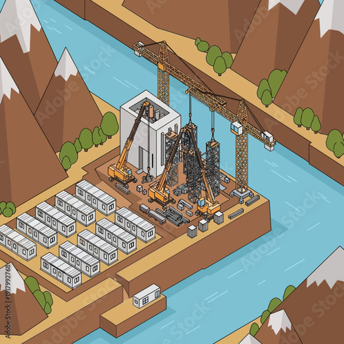 Isometric illustration of a hydroelectric dam with crane and storage containers.