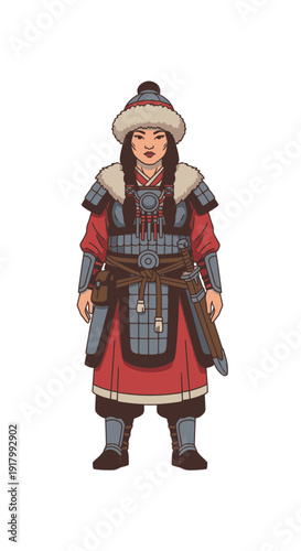 Female warrior in traditional clothing with armor and accessories  