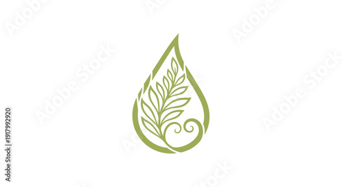 Light Olive Green Delicate Fern Leaf Silhouette Logo in a Graceful Teardrop Form. transparent.