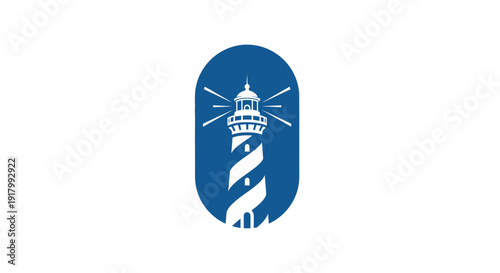 Marine Blue Classic Lighthouse Beacon Silhouette Logo in an Upright Oval Shield Design. transparent.