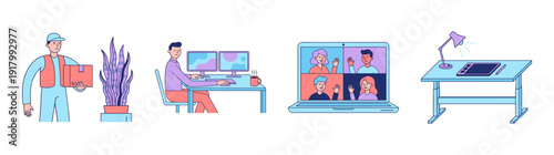 Flat Vector Remote Work and Logistics Illustration Set for Modern Digital Business and Freelance Themes