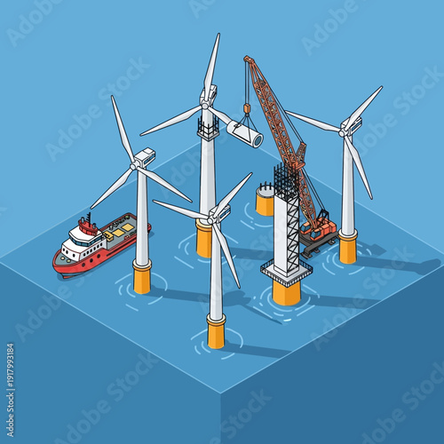 Offshore wind farm construction with turbine installation vessel.