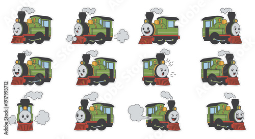 Cartoon train character with various facial expressions and actions  
