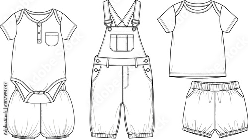 Baby clothes vector illustration with bodysuit overalls t-shirt and shorts fashion sketch for children apparel design collection by brand flavector