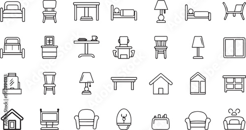 A collection of 2d line icons depicting various furniture and household items