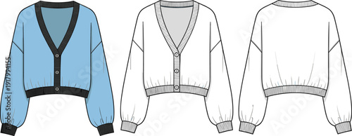Women cardigan vector illustration with v neck button front and back view fashion sketch for apparel design by brand flavector