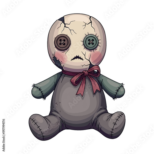 Creepy voodoo doll with cracked face and red bow.