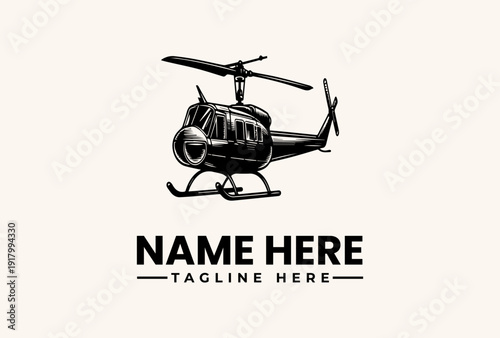 A black helicopter logo with rotors and landing skids, accompanied by a 'NAME HERE' text and 'TAGLINE HERE' on a beige background, in a vector illustration style.