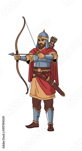 Archer in traditional attire aiming with bow and arrow  