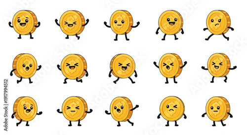 Cartoon coins with various facial expressions and poses on white background  
