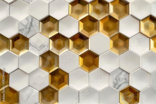 Luxurious white marble and gold hexagonal tiles creating a modern and geometric pattern, ideal for upscale interior design projects © nsit0108