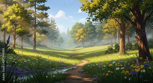 Lush, sunlit forest clearing features a winding dirt path alongside a gentle stream.