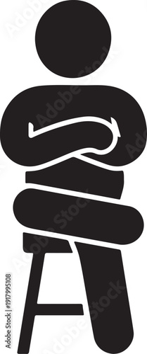 Black Stickman Icon Sitting on Stool with Arms and Legs Crossed Minimalist Man Figure Pictogram for Business Waiting Room or Patient Symbol Silhouette