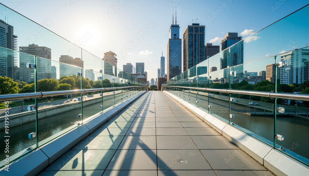 Fototapeta premium Urban bridge with glass railings leading towards city skyline at sunset 
