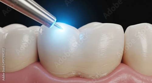 Dentist applying precision laser treatment to molar for enamel restoration.