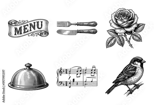 Vintage engraving collection featuring a menu scroll, silverware, rose blossom, cloche, musical score, and sparrow bird in a classic woodcut style.