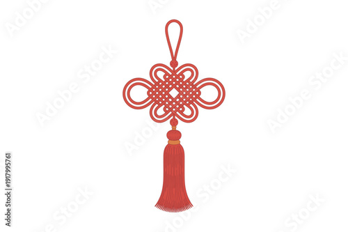 Chinese knot decoration with tassel hanging on a loop ornament red traditional asian decorative cultural symbol.