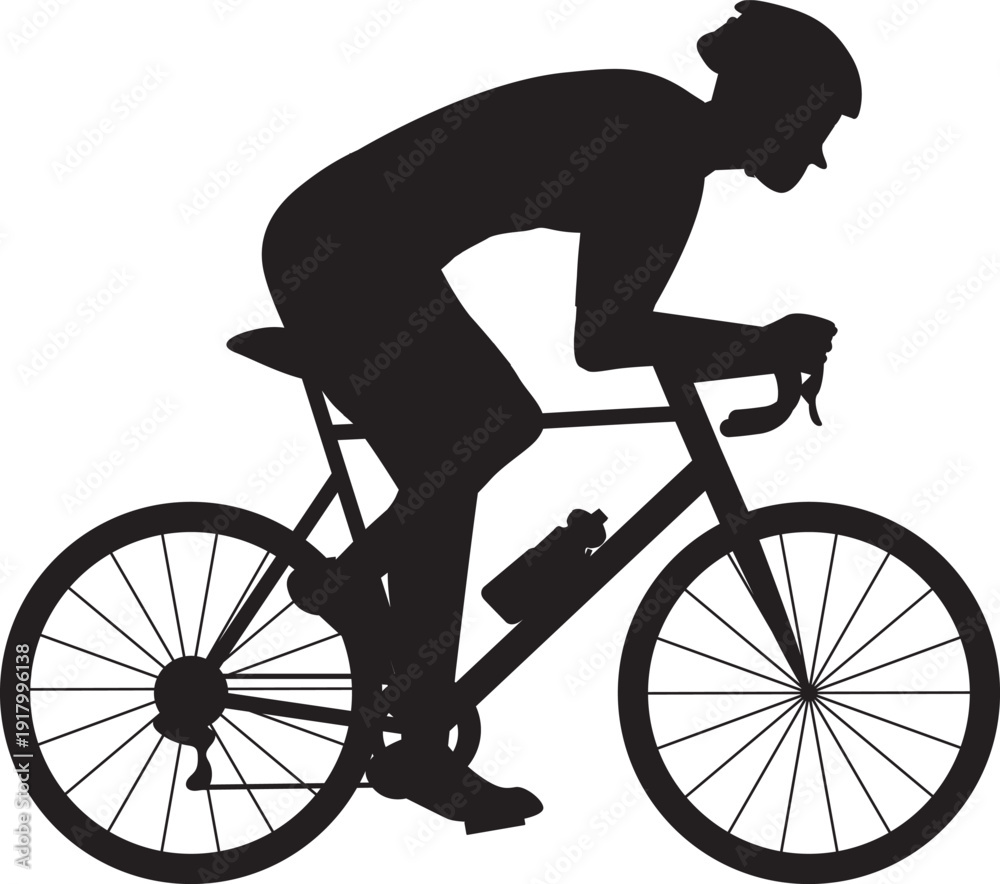 Obraz premium Cyclist with helmet and sunglasses riding a bicycle. Black silhouette flat design. Hand drawn vector illustration II.
