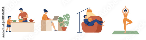 Flat Vector Lifestyle Activities Graphic Set for Work Life Balance and Home Wellness Themes