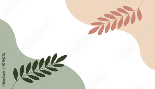 Minimalist illustration of leaves and abstract shapes in muted earthy tones on white background botanical branch. Resizable and Editable. EPS, 10.