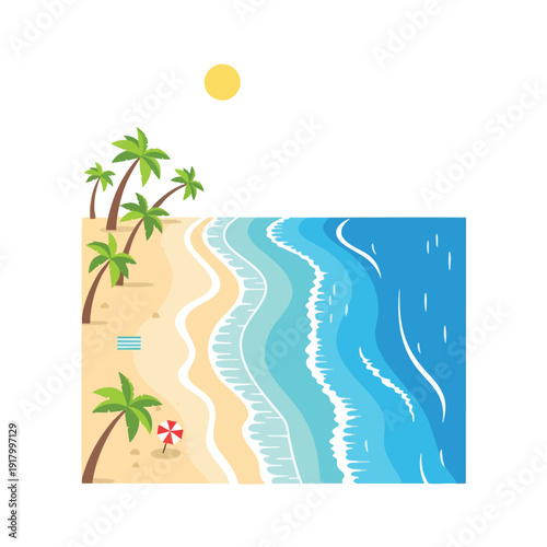 Sunny Beach Scene with Palm Trees and Ocean Waves for Travel and Vacation Campaigns