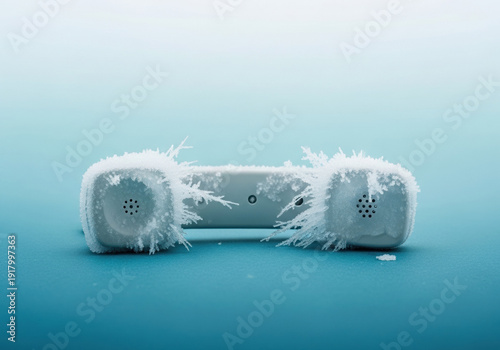 Frozen telephone receiver with icy frost on blue background  