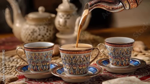 Coffee Pouring: A close-up shot of rich coffee being poured into beautifully adorned cups, each resting on its matching saucer. The scene evokes a sense of comfort and a moment of indulgence.