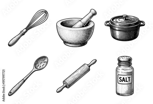 Vintage engraving collection of rustic kitchen tools and cooking essentials featuring a whisk, mortar and pestle, pot, slotted spoon, rolling pin, and salt shaker.