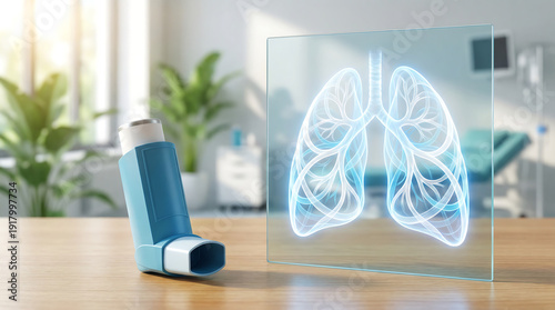 Asthma inhaler on wooden table with digital lungs illustration in a medical clinic environment