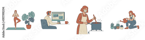 Flat Vector Lifestyle Character Element Kit for Remote Work and Wellness Awareness Graphic Set