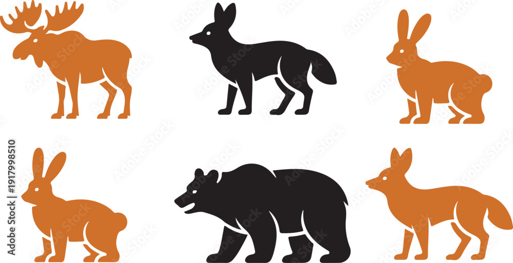 Fototapeta premium Stylized animal silhouettes portray a majestic moose, cunning fox, nimble rabbit, and powerful bear