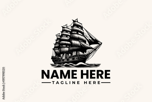 A black and white illustration of a sailing ship with a customizable name and tagline on a clean background, featuring a logo, vector, illustration, icon, and pictogram logo design.