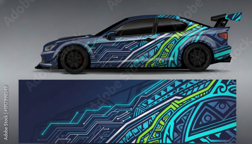 Sports car with futuristic circuit board and tribal pattern vinyl wrap design.