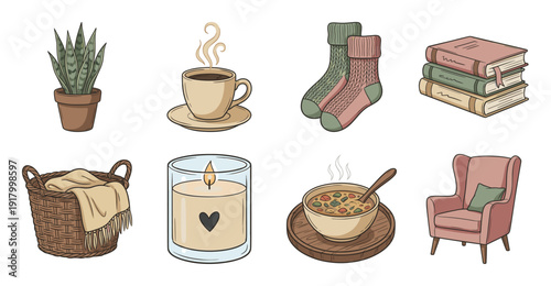 Cozy Hygge Home Lifestyle Collection, Hand Drawn Vector Set