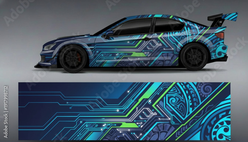 A blue and green circuit board style car wrap design on a sports coupe.