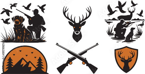Various black and orange hunting silhouettes showcase hunters, dogs, deer, ducks, rifles, and outdoor landscapes