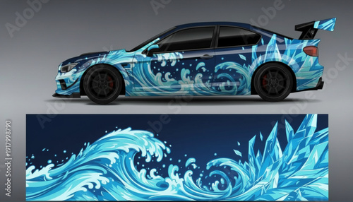 A blue sports car with a custom ocean wave and ice crystal graphic wrap.
