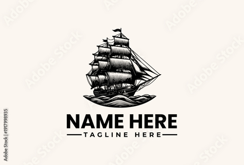 Black and white vintage sailing ship logo with a tagline on a beige background, featuring a vector illustration of a ship with sails, designed for use as a pictogram or icon.