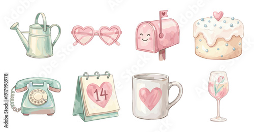 Valentine's Day Watercolor Sticker Set, Pastel Romantic Icons