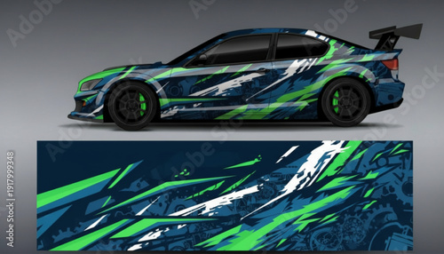 Dynamic sports car with an aggressive blue and green abstract vinyl wrap design.